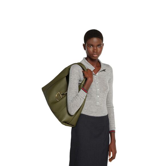 Gucci Women Green Shoulder Bag With Horsebit Closure In Grained Leather Woman - Picture 7 of 7